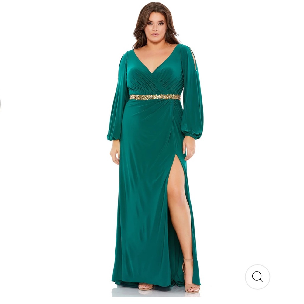 NWT Mac Duggal BEADED BELT JERSEY FAUX WRAP LONG SLEEVE GOWN size 16W